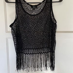 Black Lace Tank Beach Cover Up with Fringe
